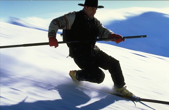 Telemark skiing in Telemark costume