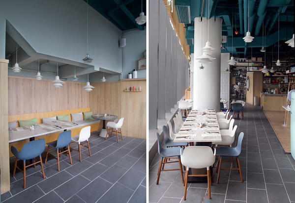 Mint, blue and wood accents refine the setting